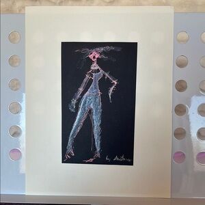 Hand made fashion sketch of ink on black paper with Pink and Blue Accents NWT